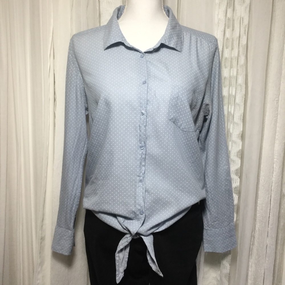 Button down blue chambray top with white polkadots